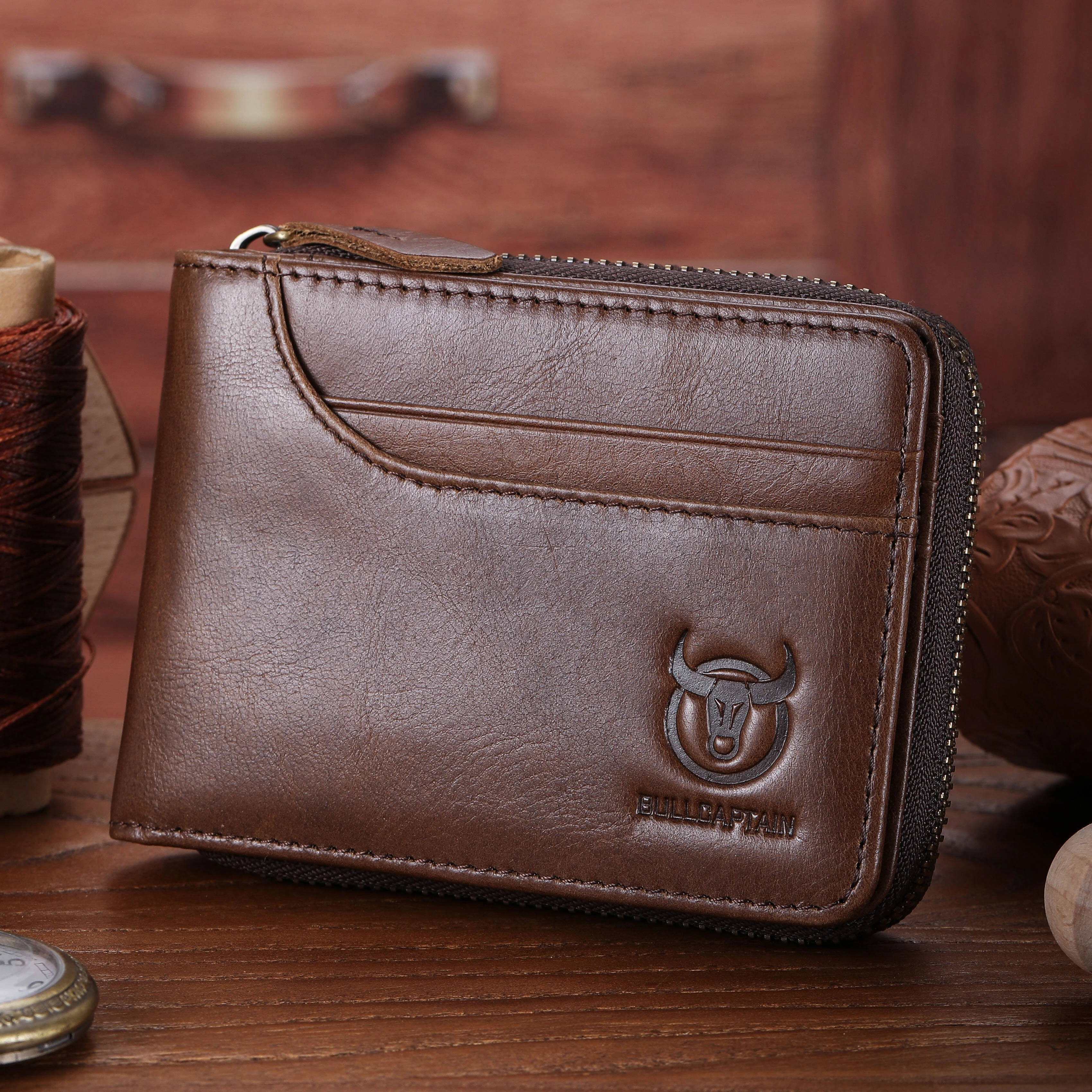 (image for) BULLCAPTAIN Men Short Wallet RFID Blocking Card Holder Cowhide Coin Purse Retro Genuine Leather Clutch Zipper Male Money Bags
